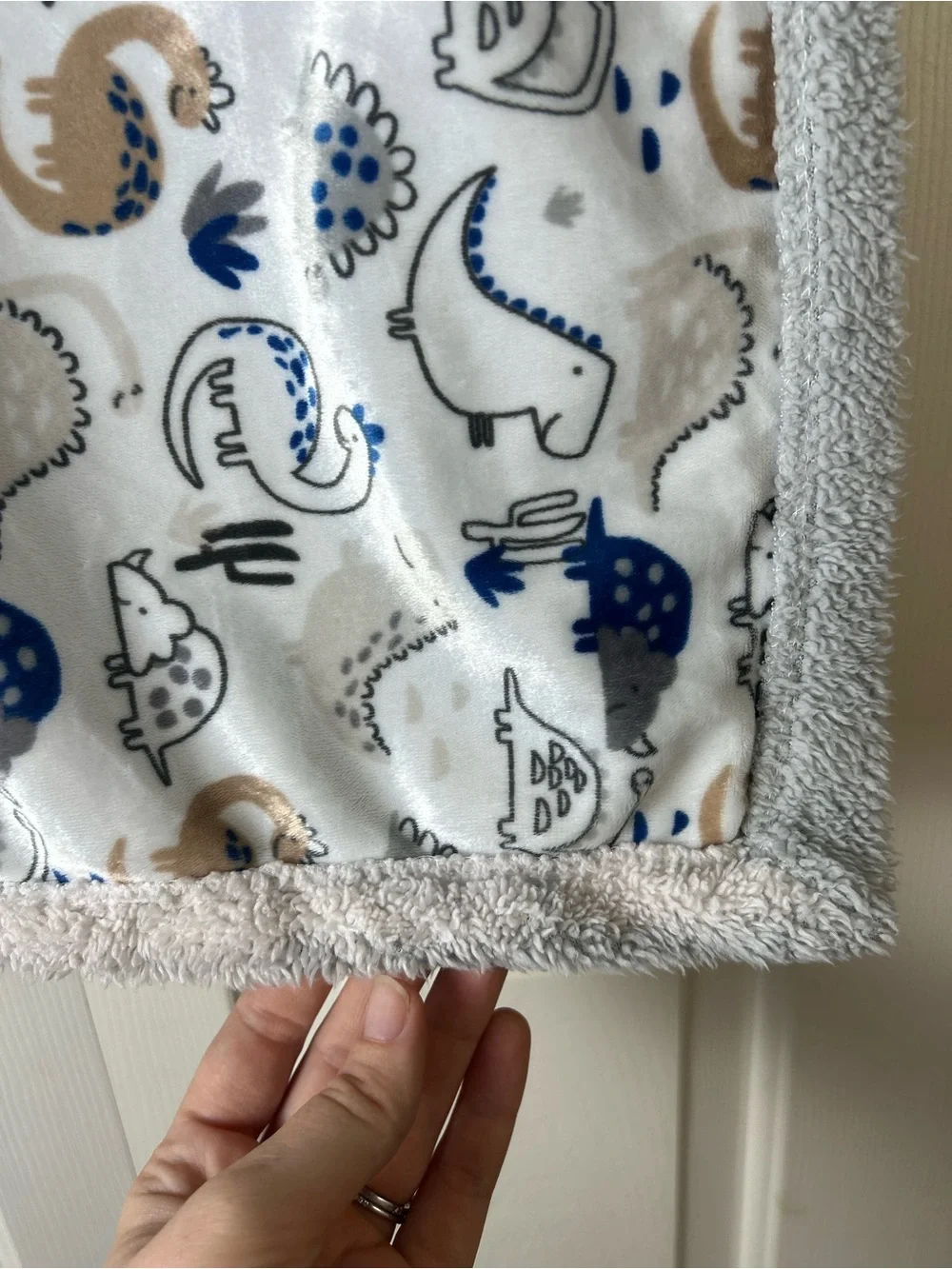 RUNT 1478 Dinosaur Baby Blanket Blue White Gray Sherpa Tan Dino Cactus Lovey